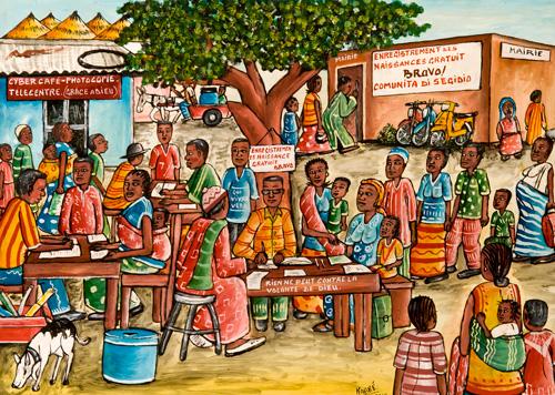 Le operazioni di registrazione delle nascite in un villaggio dipinte da un artista burkinabé