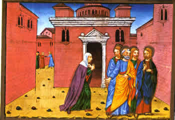 La donna cananea, miniatura di Cristoforo de Predis 1476 Historia del nuovo testamento