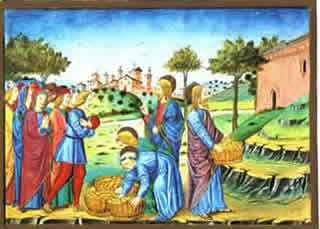 La moltiplicazione dei pani, miniatura di Cristoforo de Predis 1476 Historia del nuovo testamento