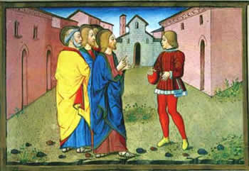 L'uomo ricco - Miniatura, Historia del Nuovo Testamento, Codice miniato da Cristoforo de Predis, 1476